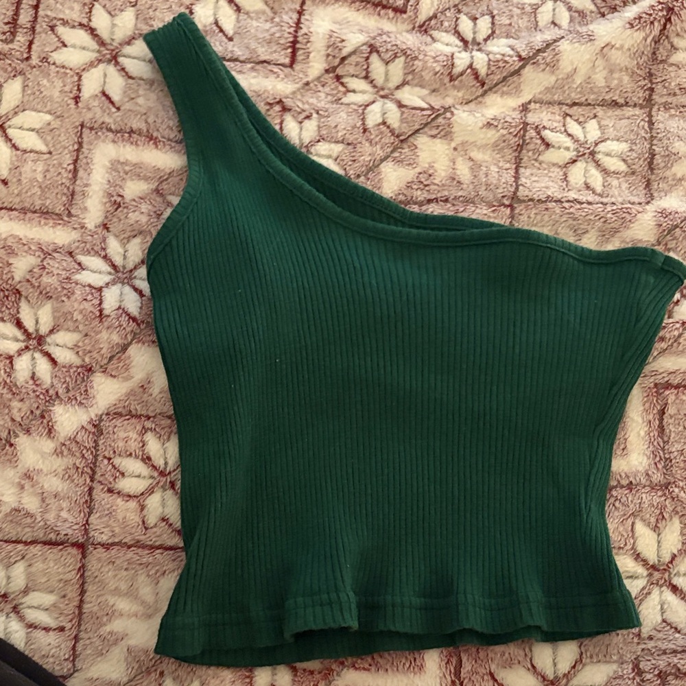 Green Ribbed One-Shoulder Top